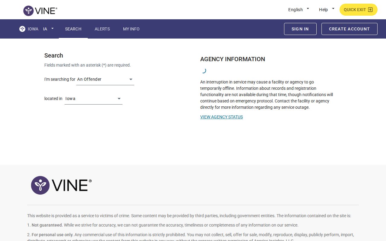 Mahaska County VINELink inmate check on the Iowa person search screen