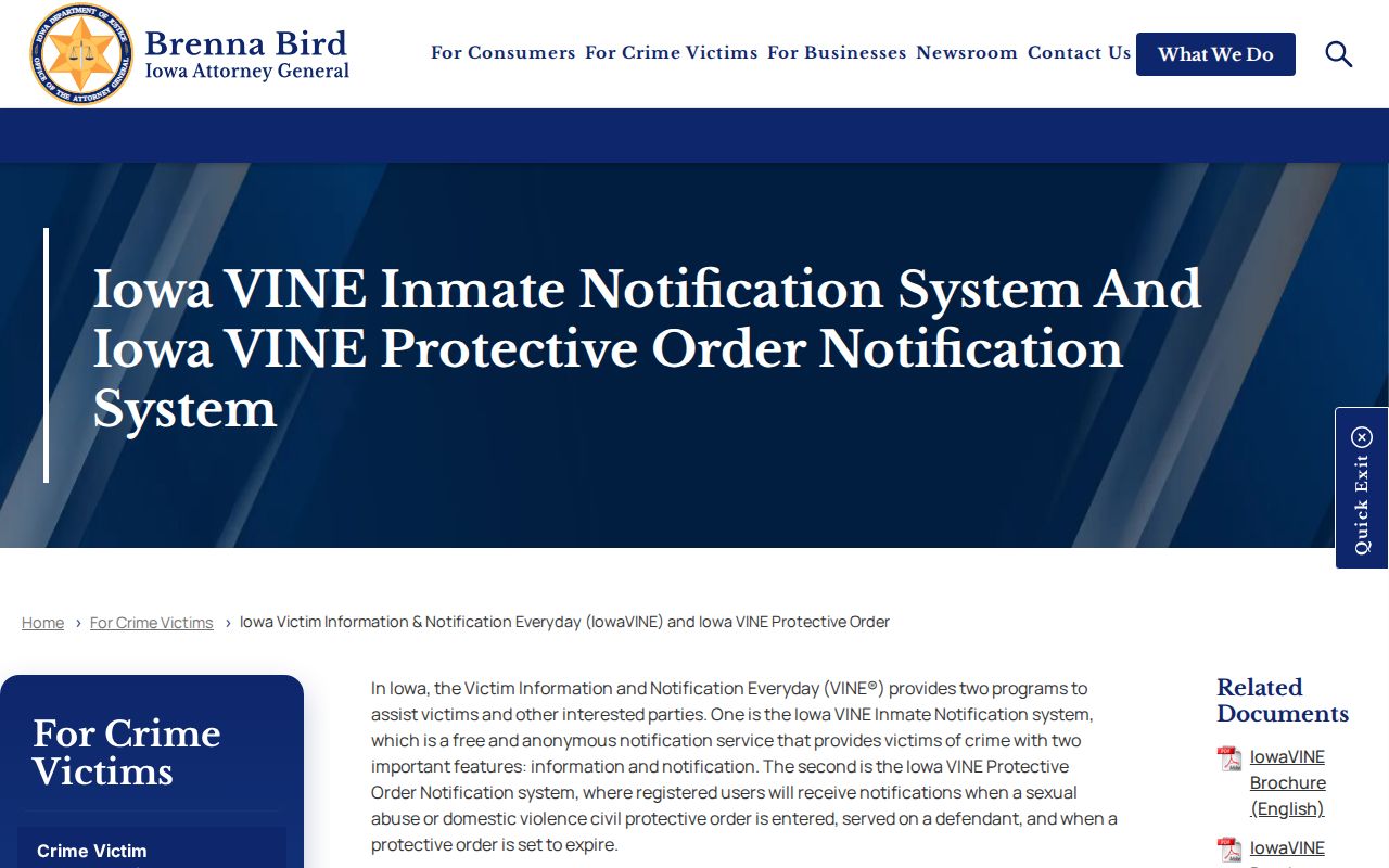 Mahaska County arrest custody notification information on the official IowaVINE page