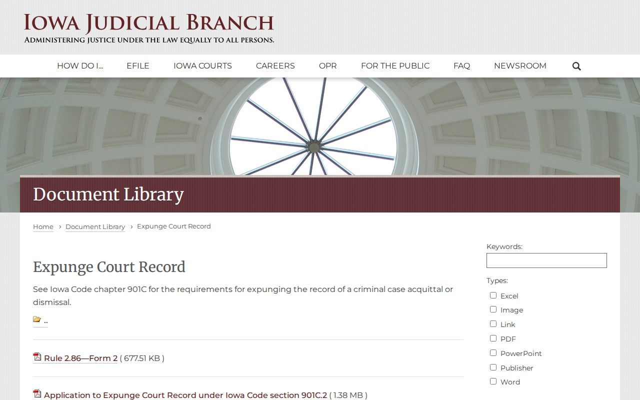Iowa Judicial Branch expungement form categories