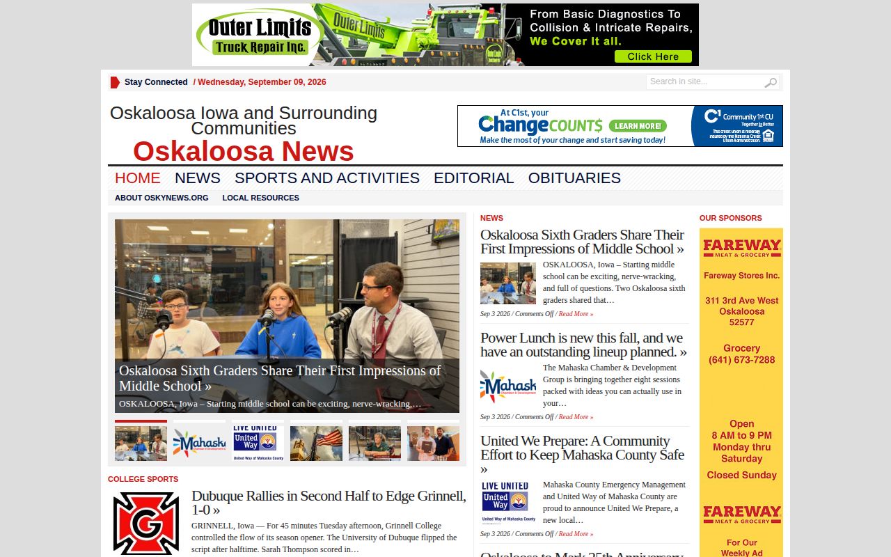 Mahaska County arrest news source on the Oskaloosa News landing page